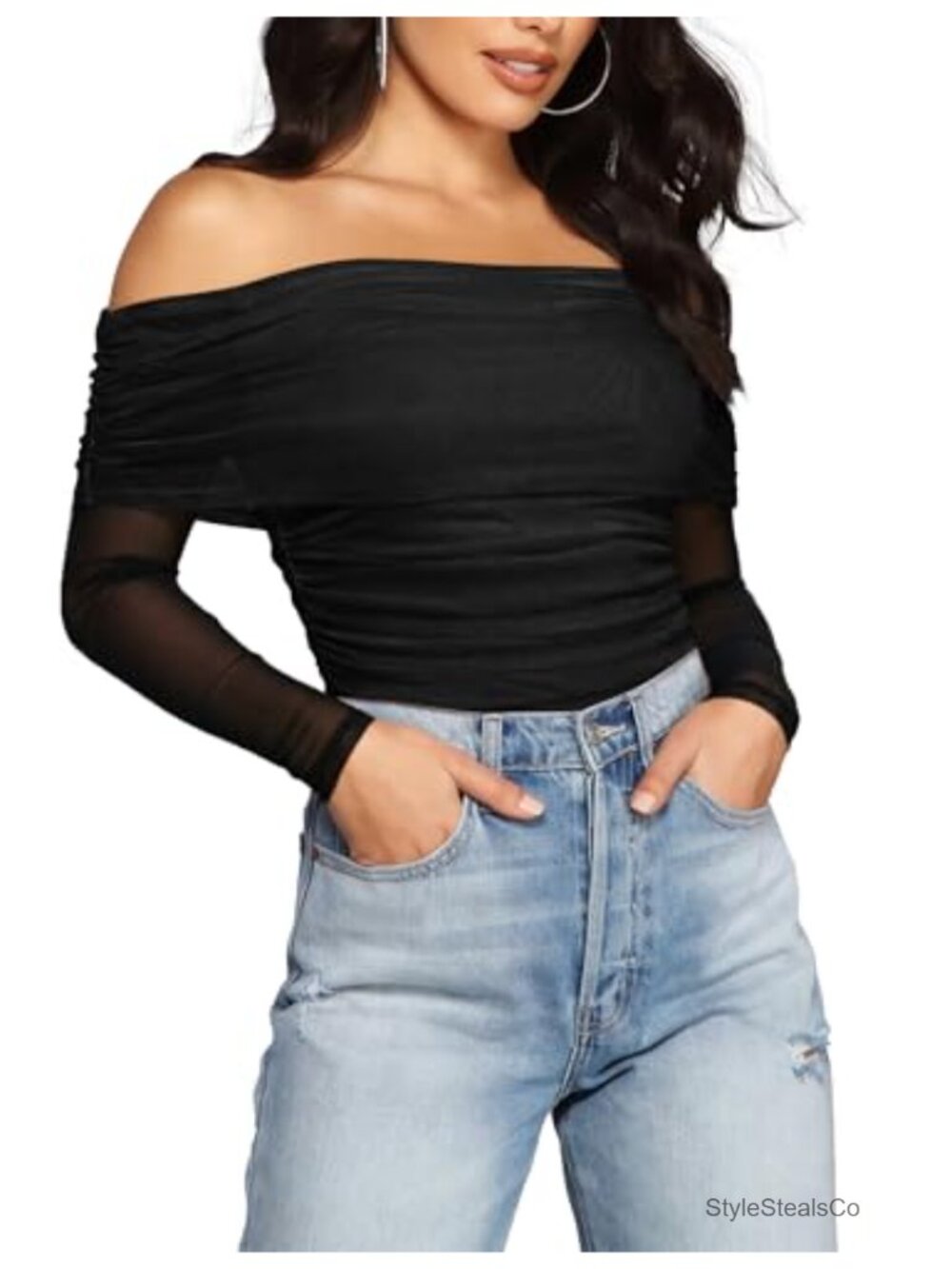 Mesh Off The Shoulder Long Sleeve Bodysuit Ruched Thong Snap Y2K Top